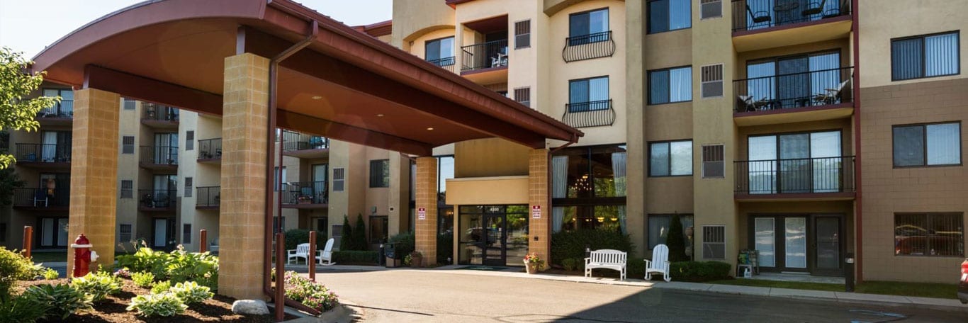 A view of the entrance of the Independent Living Bulding at the Pine Ridge Villas of Shelby in Shelby Township, MI