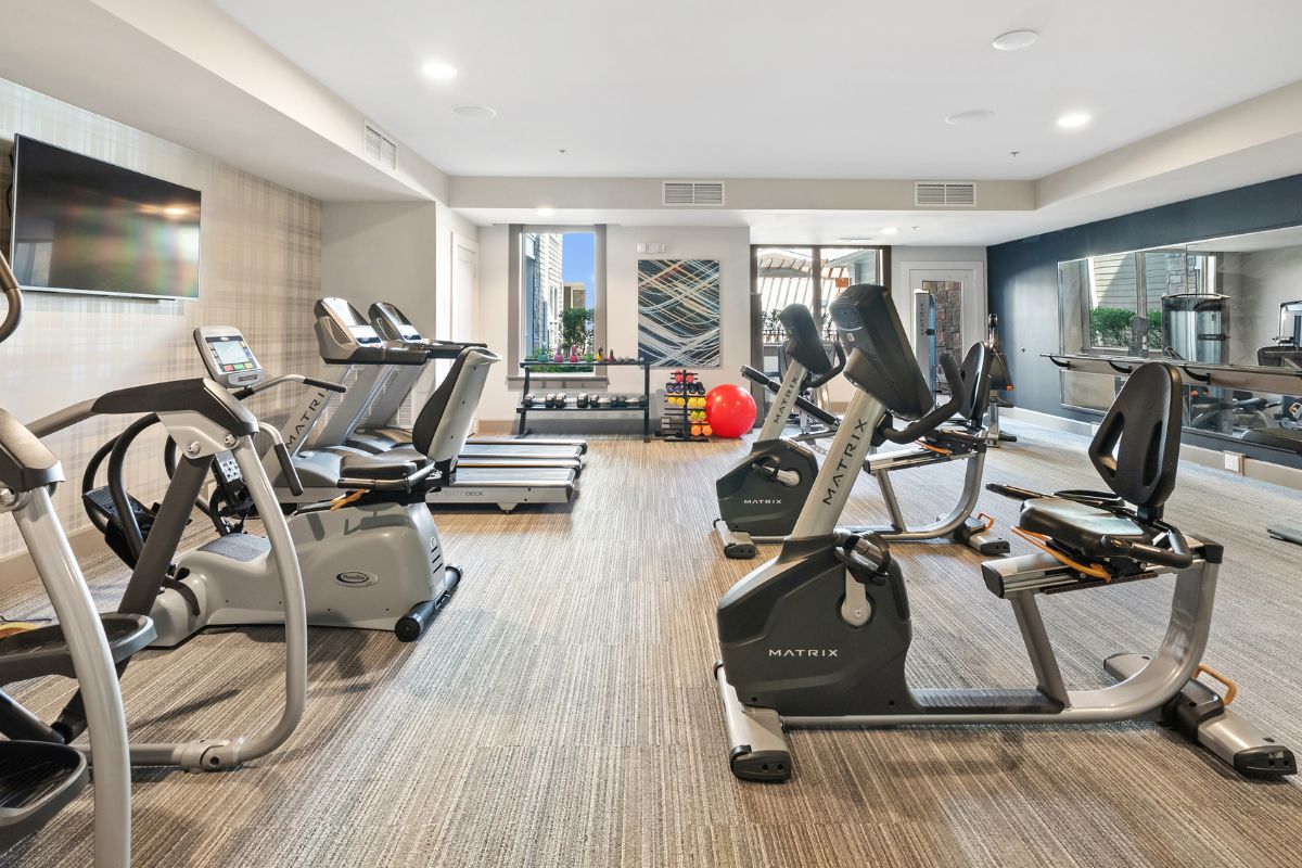 Fitness Center in Verena at Bedford Falls 62+ independent senior living community in Raleigh, North Carolina.