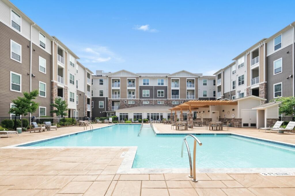 Pool in Verena at Bedford Falls 62+ independent senior living community in Raleigh, North Carolina.