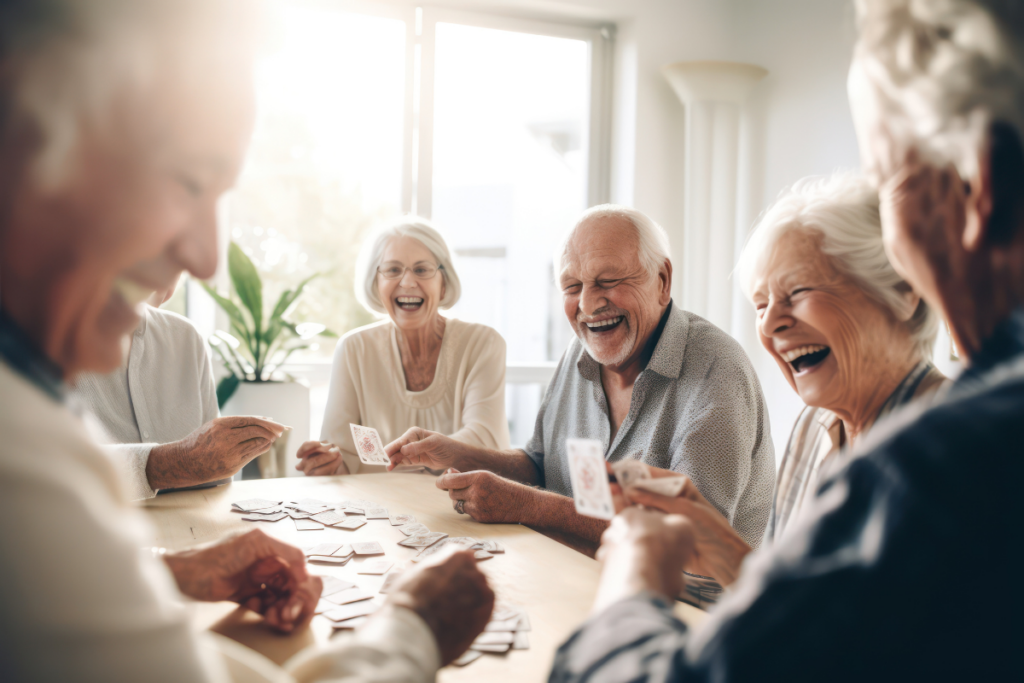 happy seniors gathering together at senior community