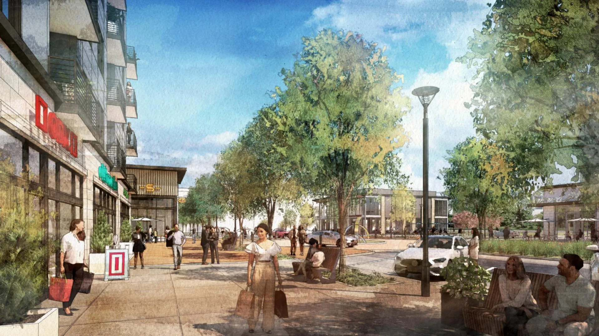 A lively street scene in Hilliard Ohio with people walking and sitting on benches along a tree-lined sidewalk next to shops, under a bright blue sky. Cars are parked nearby, and modern buildings—some for independent living—are visible in the background.