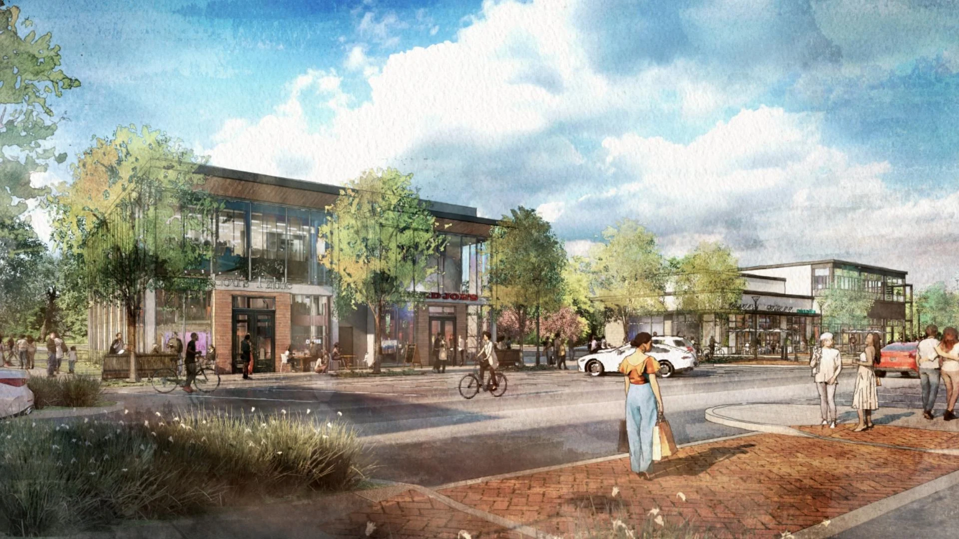 A vibrant street scene shows seniors enjoying independent living—walking, biking, and driving near modern two-story buildings with large windows, surrounded by lush greenery under a partly cloudy sky.