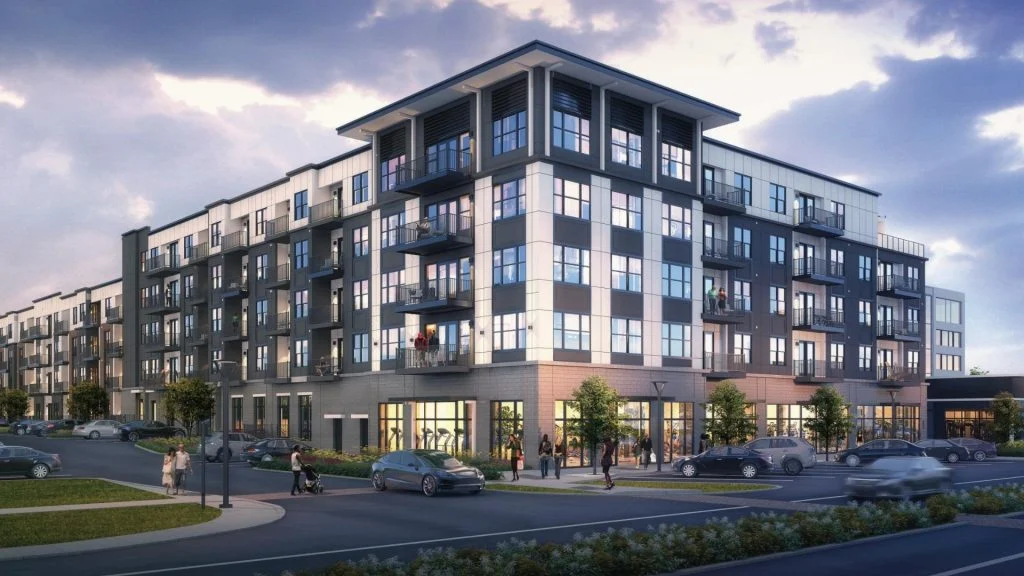 Architectural rendering of a modern multi-story building with balconies and glass at dusk