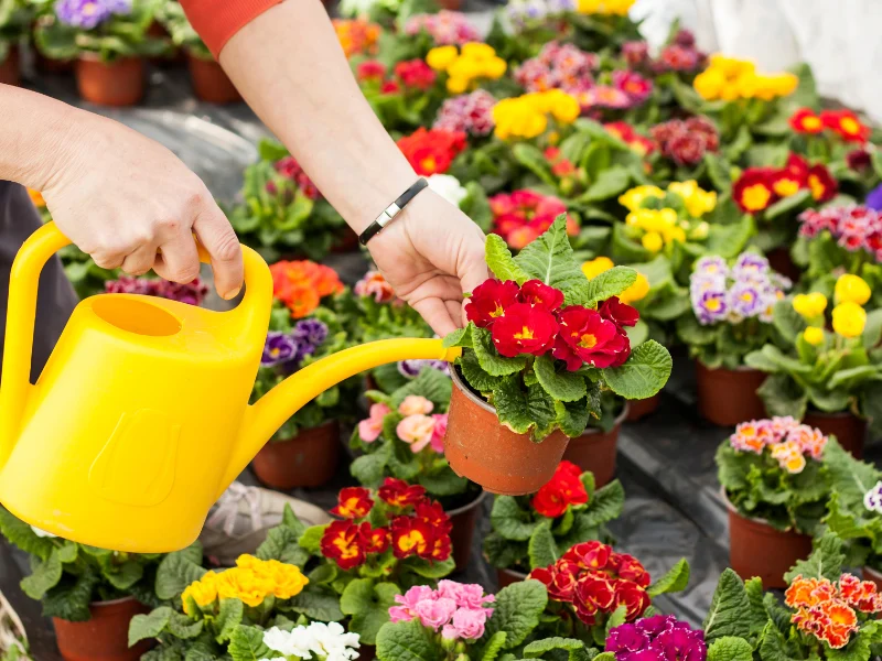 Person watering red, yellow and pink potted flowers with a yellow watering can