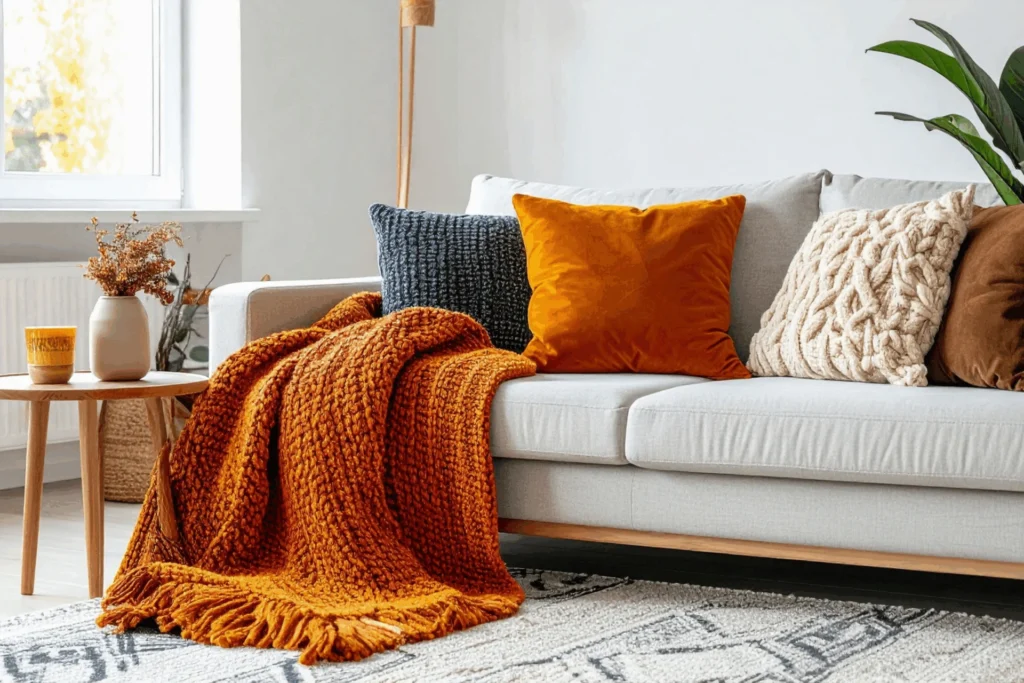 Living room sofa with orange and patterned pillows and an orange knit throw