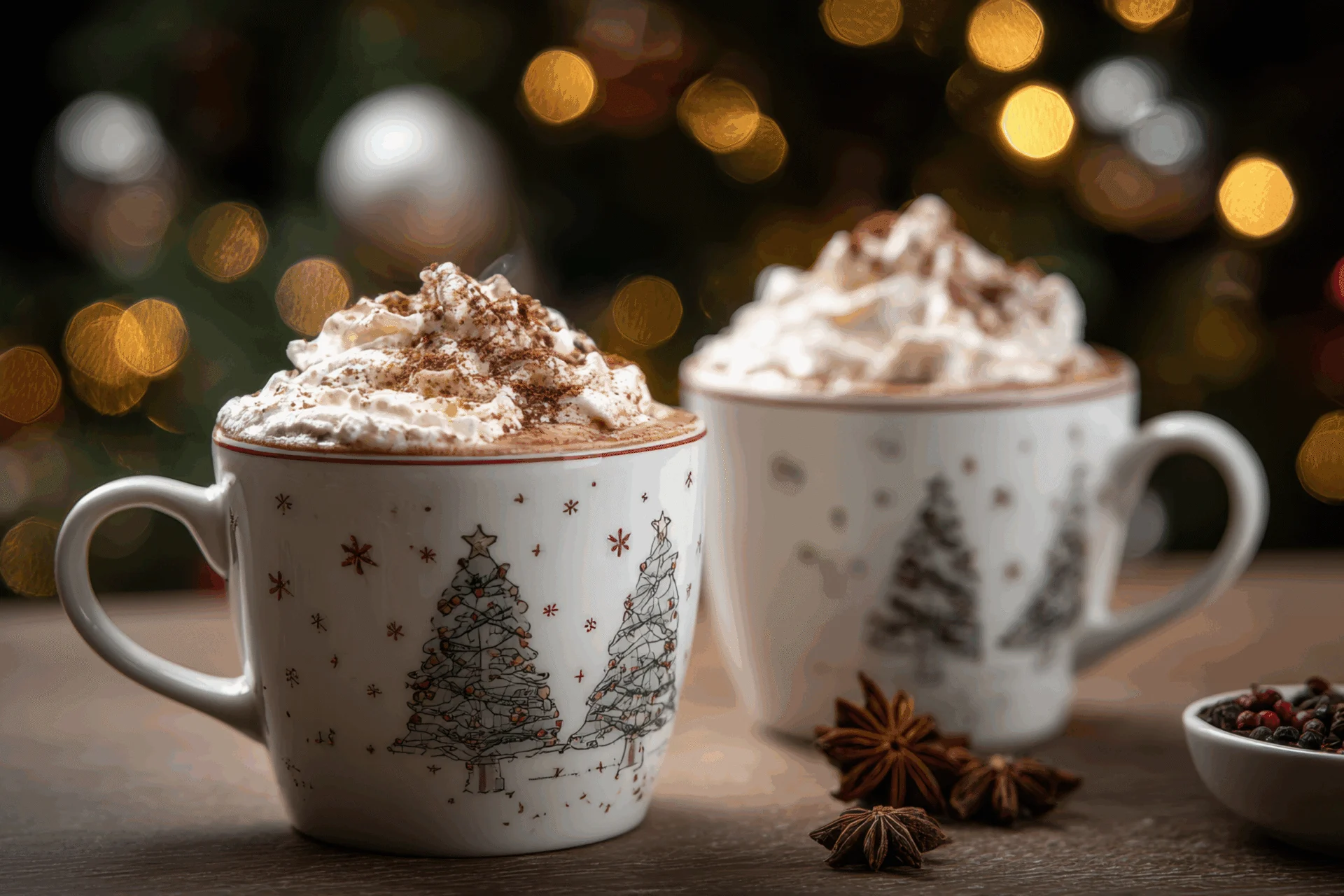 Two mugs of hot cocoa topped with whipped cream and cocoa powder, with holiday lights behind