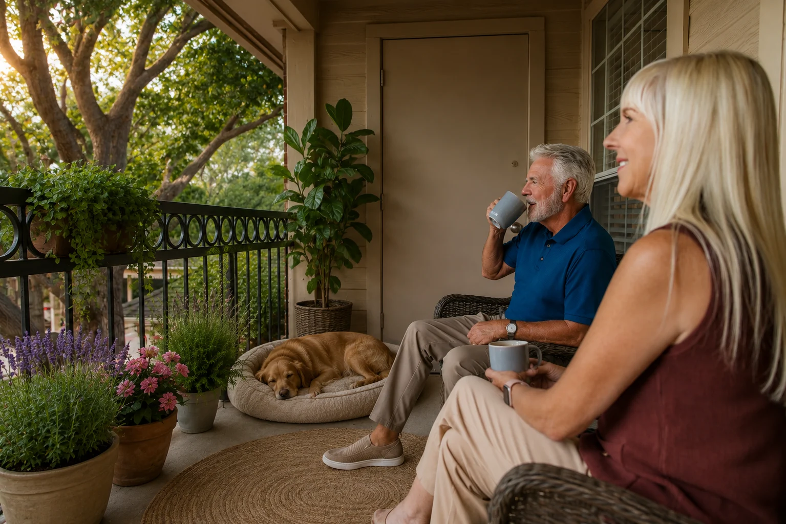 Couple drinking coffee on a covered balcony with potted plants, with a dog resting on a cushion beside them
