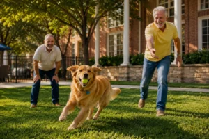 Two older men playing fetch with a golden retriever on a lawn
