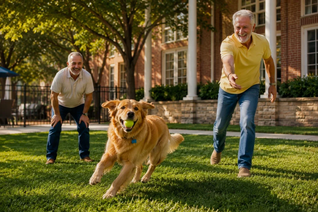 Two older men playing fetch with a golden retriever on a lawn