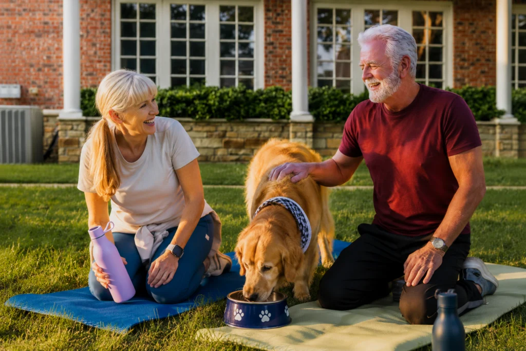 Older woman and man kneeling on a blue mat with a golden retriever eating from a bowl