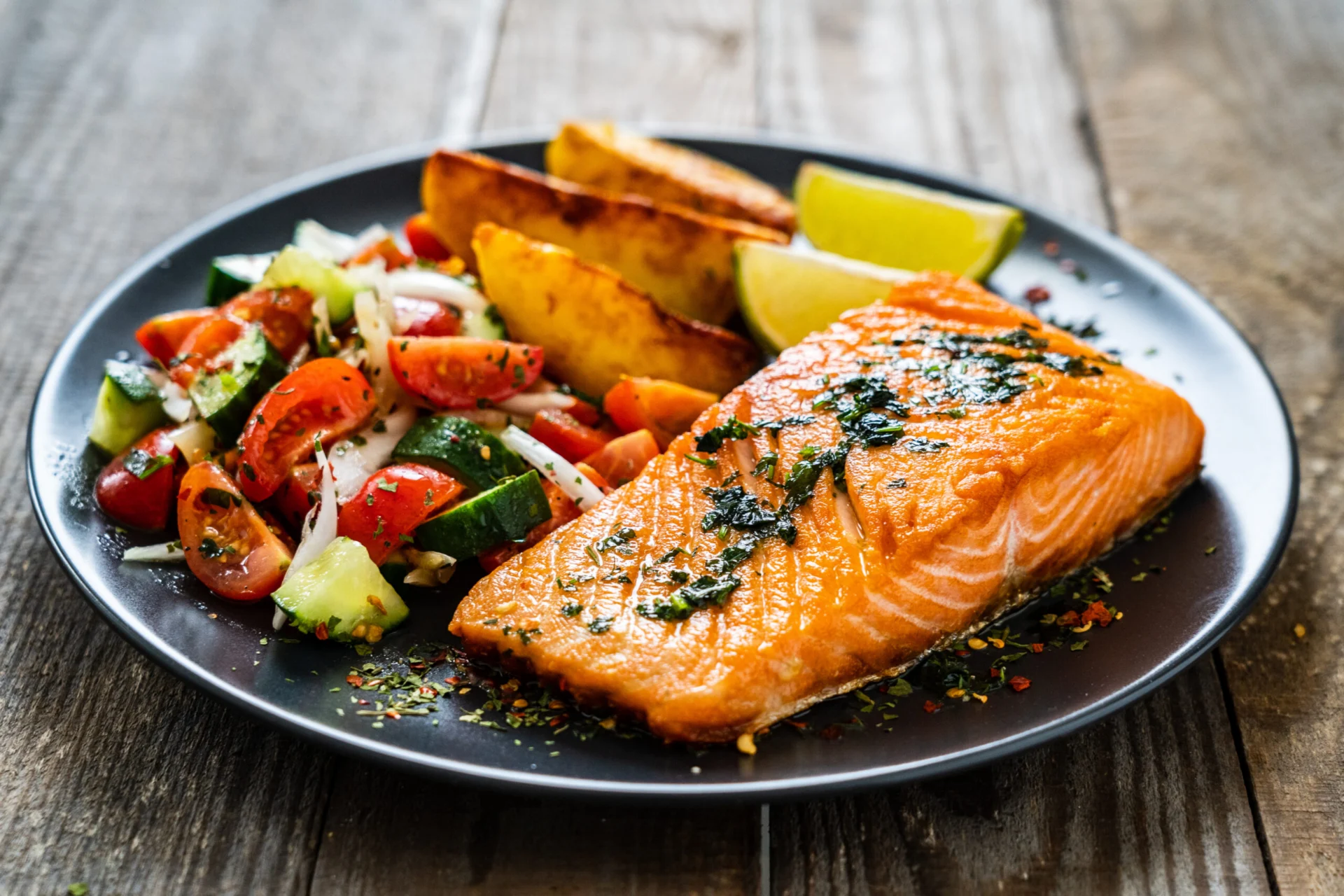 Plate of baked salmon with roasted vegetables and a lemon wedge on a dark wooden table