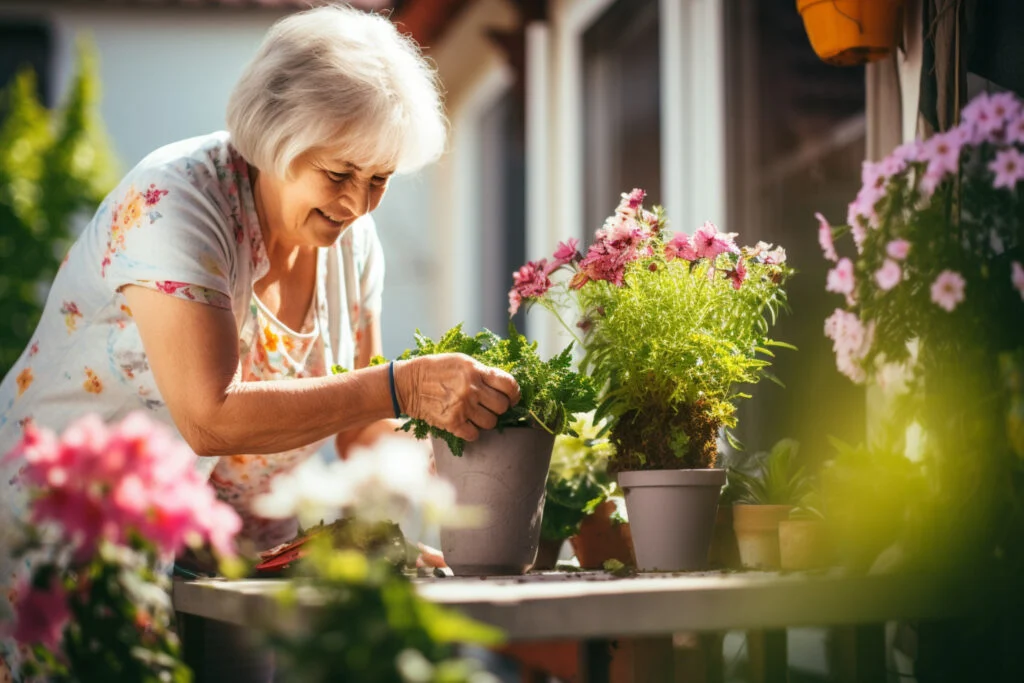 Older woman tending colorful potted flowers in a sunny garden