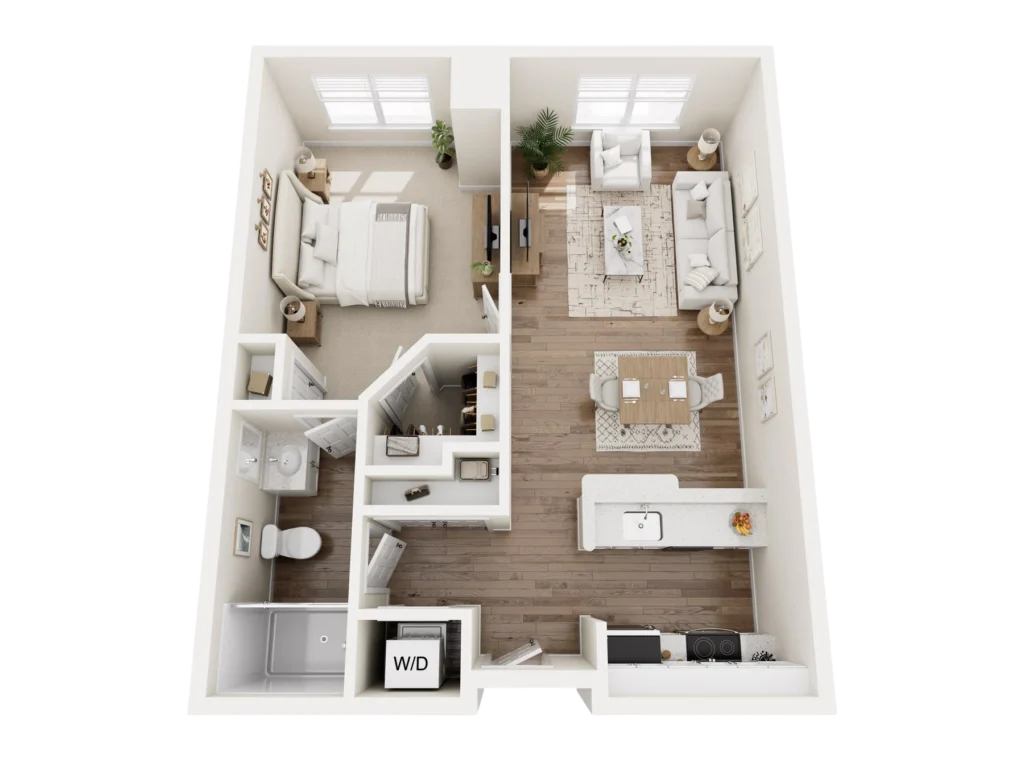 Birch A floor plan: overhead 3D layout of a residence with bedrooms, a kitchen, a living area and baths