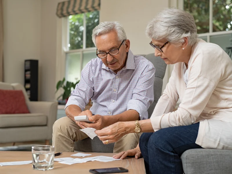 Older couple sitting together on a sofa reviewing papers