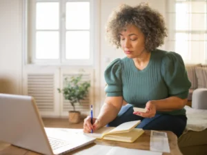 Woman taking notes at a table while reviewing tax paperwork on a laptop