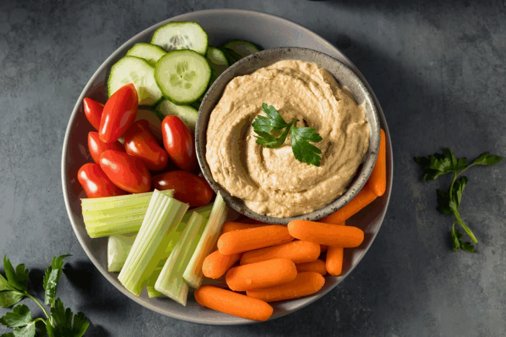 Platter of hummus with cherry tomatoes, cucumber slices, celery and carrot sticks