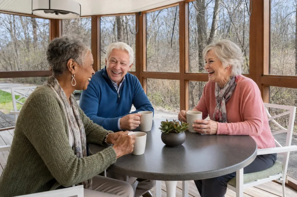 Pine Ridge Villas of Shelby residents in the sunroom enjoying coffee together
