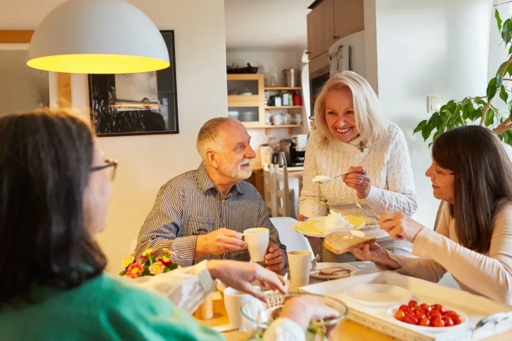 Group of seniors enjoying breakfast together