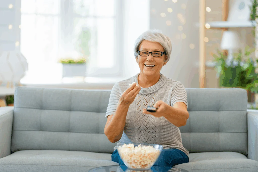 Smiling older woman on a gray sofa holding a TV remote and a bowl of popcorn