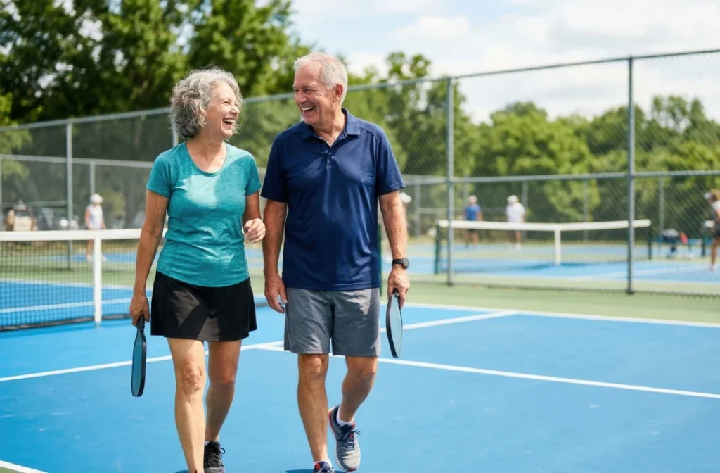 Senior couple laughing together while walking with paddles on a pickleball court