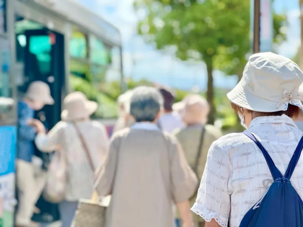 Senior woman boarding a bus from behind
