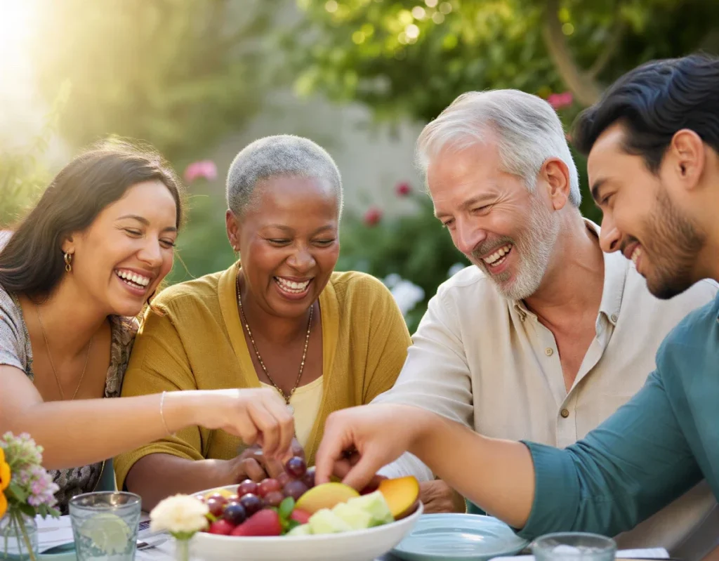 Multi-generational family enjoying an outdoor meal together in a garden