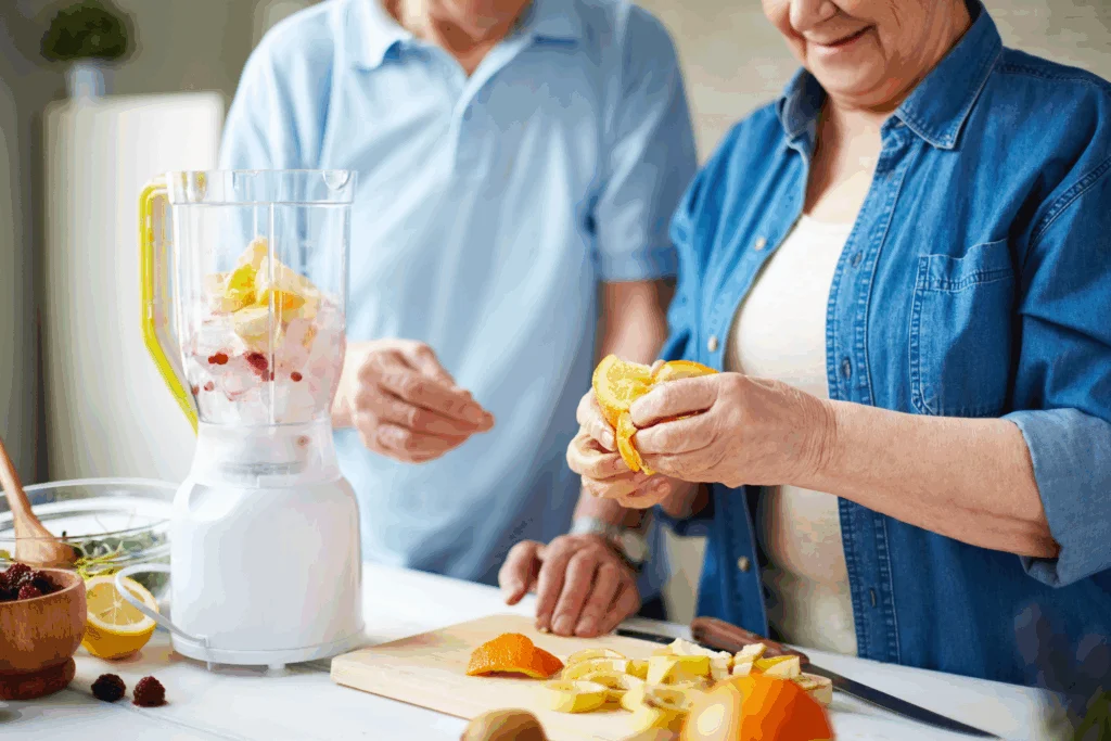 Two people preparing a fruit smoothie at a kitchen counter, one peeling an orange beside a blender of fruit
