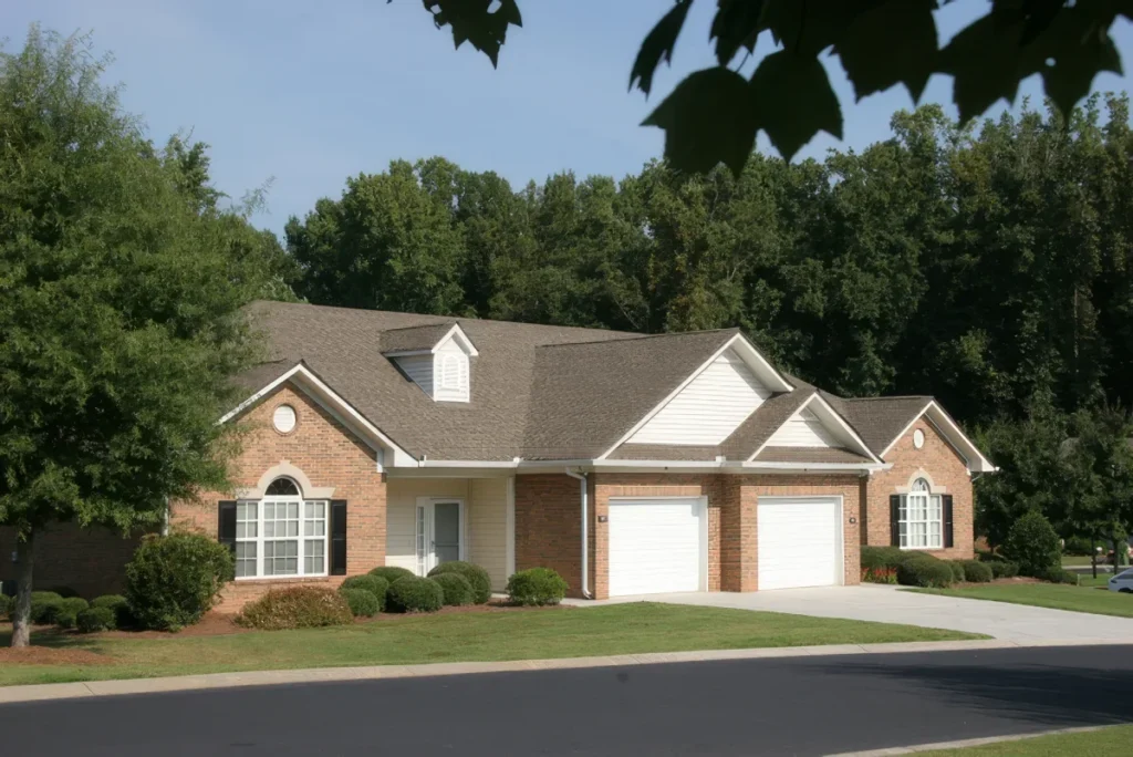 Row of brick homes with garages along a quiet street, with a lawn in front and trees behind