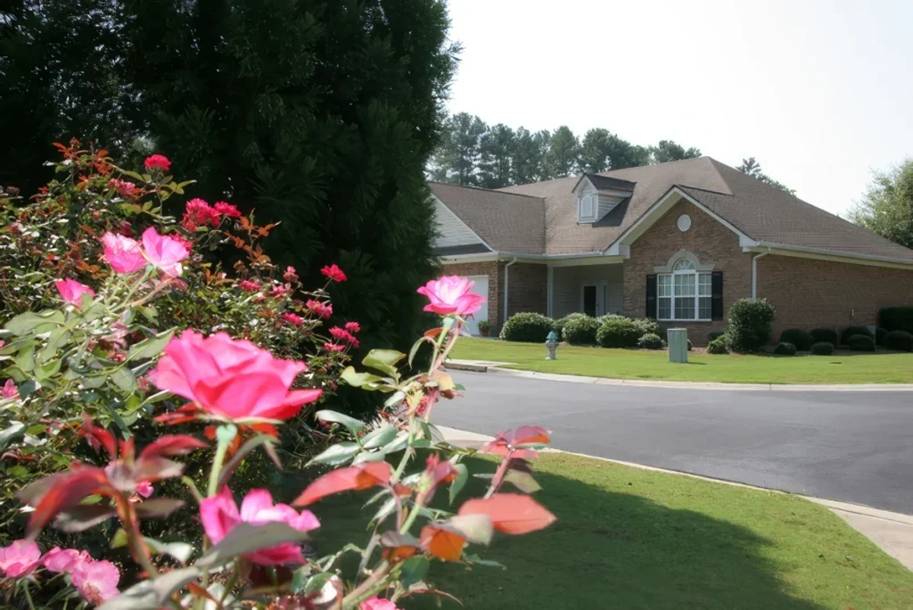 Pink rose bush in the foreground with a brick home and quiet street behind it