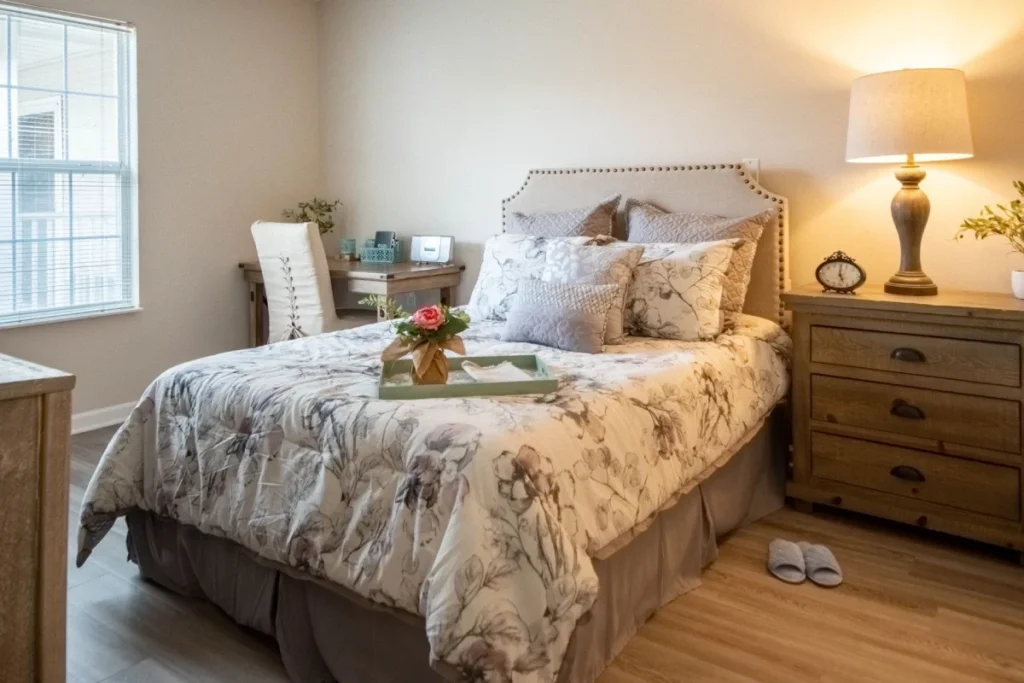 Bedroom with a floral bedspread, wooden nightstands, table lamps and slippers by the bed