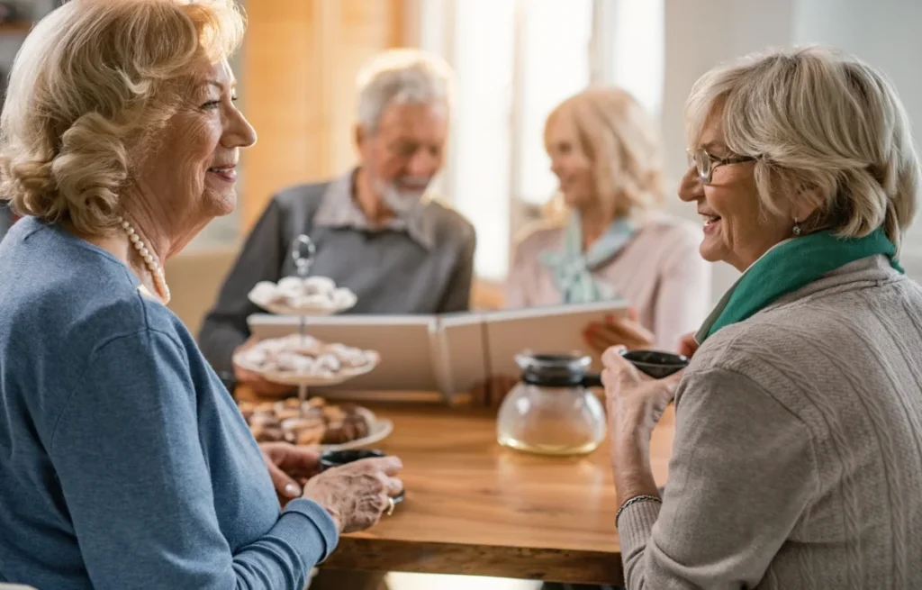 Group of older adults chatting over tea and pastries at a table