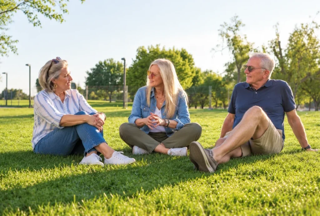 Three older adults relaxing and chatting on a grassy lawn in the sun