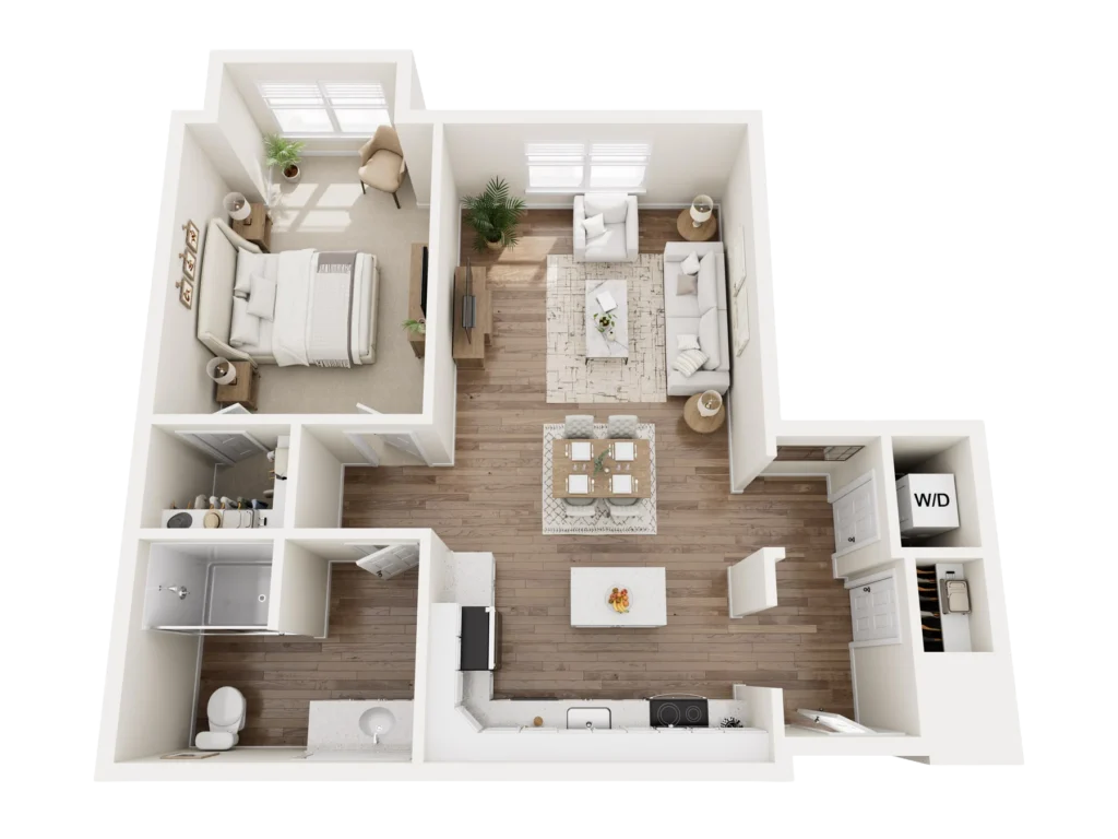 Birch B floor plan: overhead 3D layout of a residence with bedrooms, a kitchen, a living area and baths