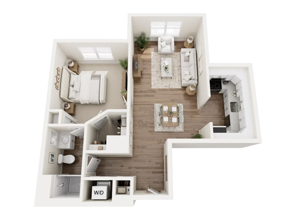 Birch C floor plan: overhead 3D layout of a residence with bedrooms, a kitchen, a living area and baths
