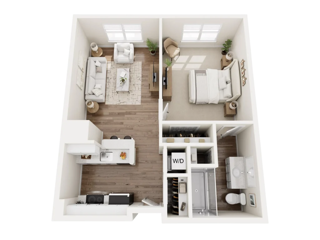 Chestnut A floor plan: overhead 3D layout of a residence with bedrooms, a kitchen, a living area and baths