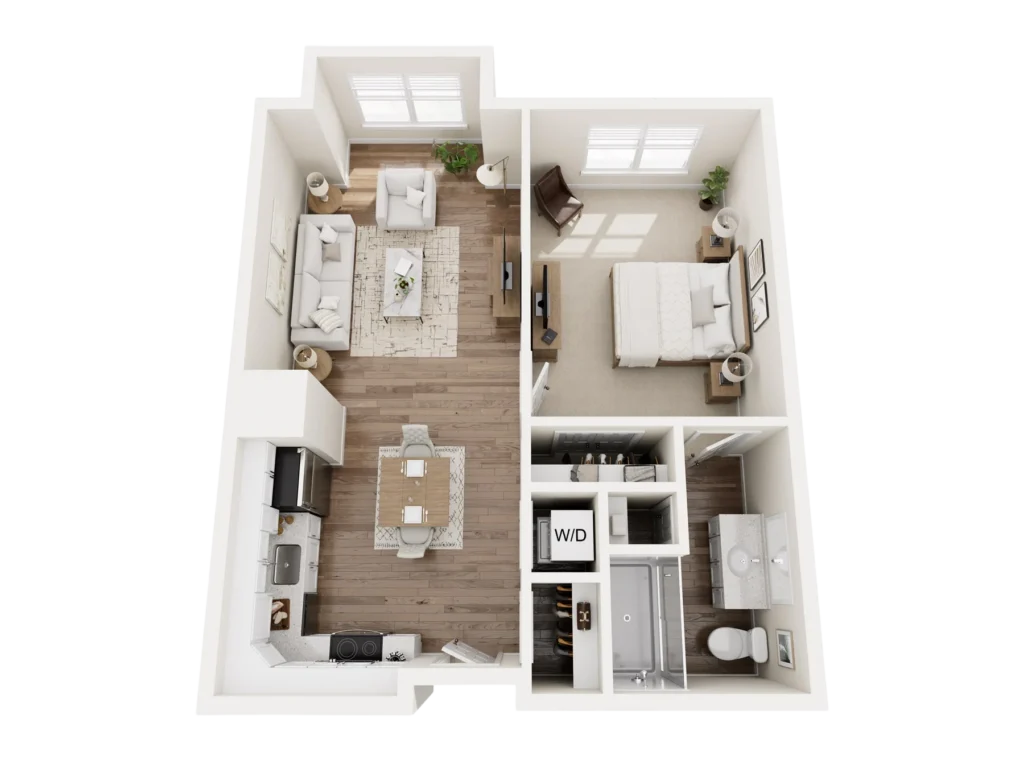 Chestnut B floor plan: overhead 3D layout of a residence with bedrooms, a kitchen, a living area and baths