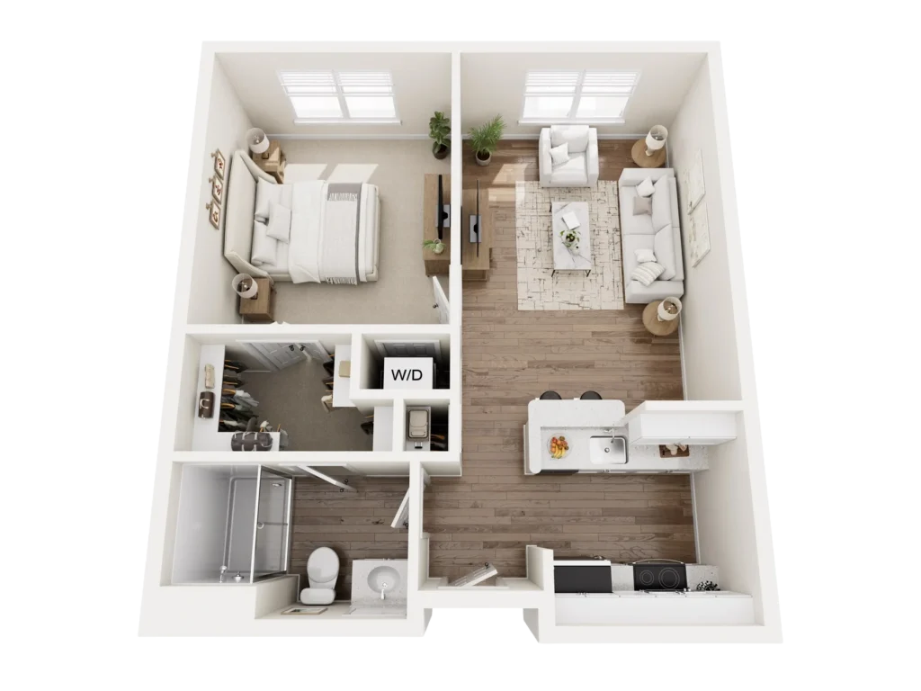 Chestnut C floor plan: overhead 3D layout of a residence with bedrooms, a kitchen, a living area and baths