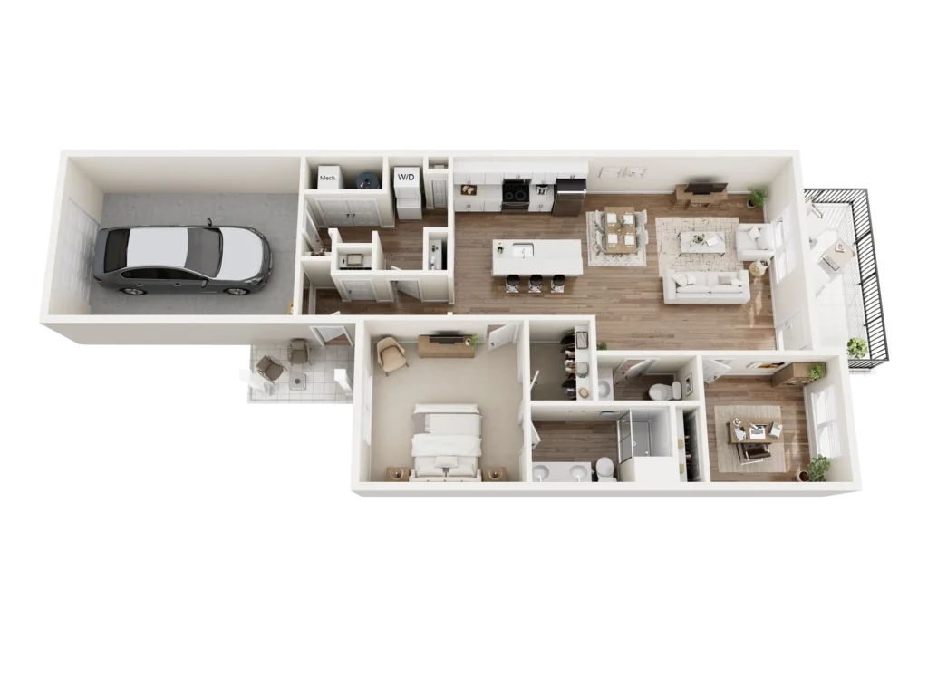 Cottage A floor plan: overhead 3D layout of a cottage-style home with bedrooms, a kitchen, a living area and baths
