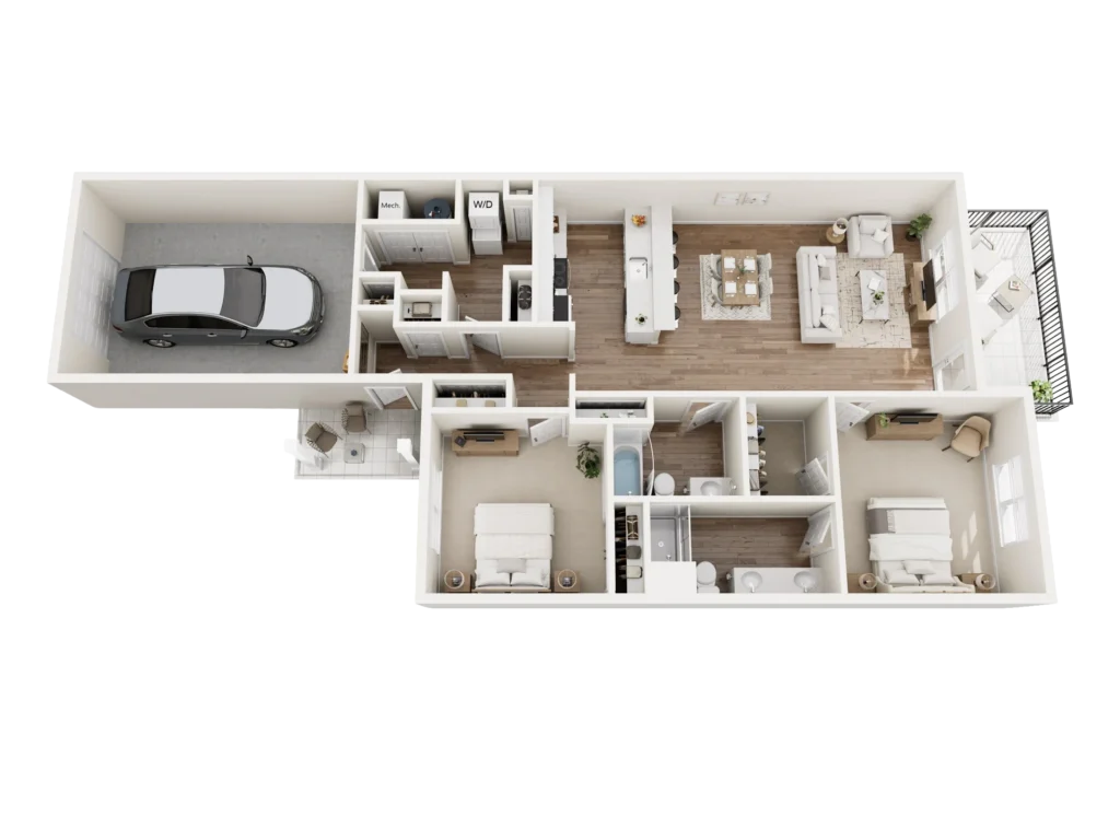 Cottage B floor plan: overhead 3D layout of a cottage-style home with bedrooms, a kitchen, a living area and baths