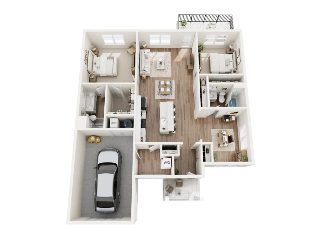 Cottage C floor plan: overhead 3D layout of a cottage-style home with bedrooms, a kitchen, a living area and baths