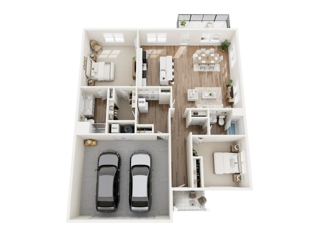Cottage D floor plan: overhead 3D layout of a cottage-style home with bedrooms, a kitchen, a living area and baths