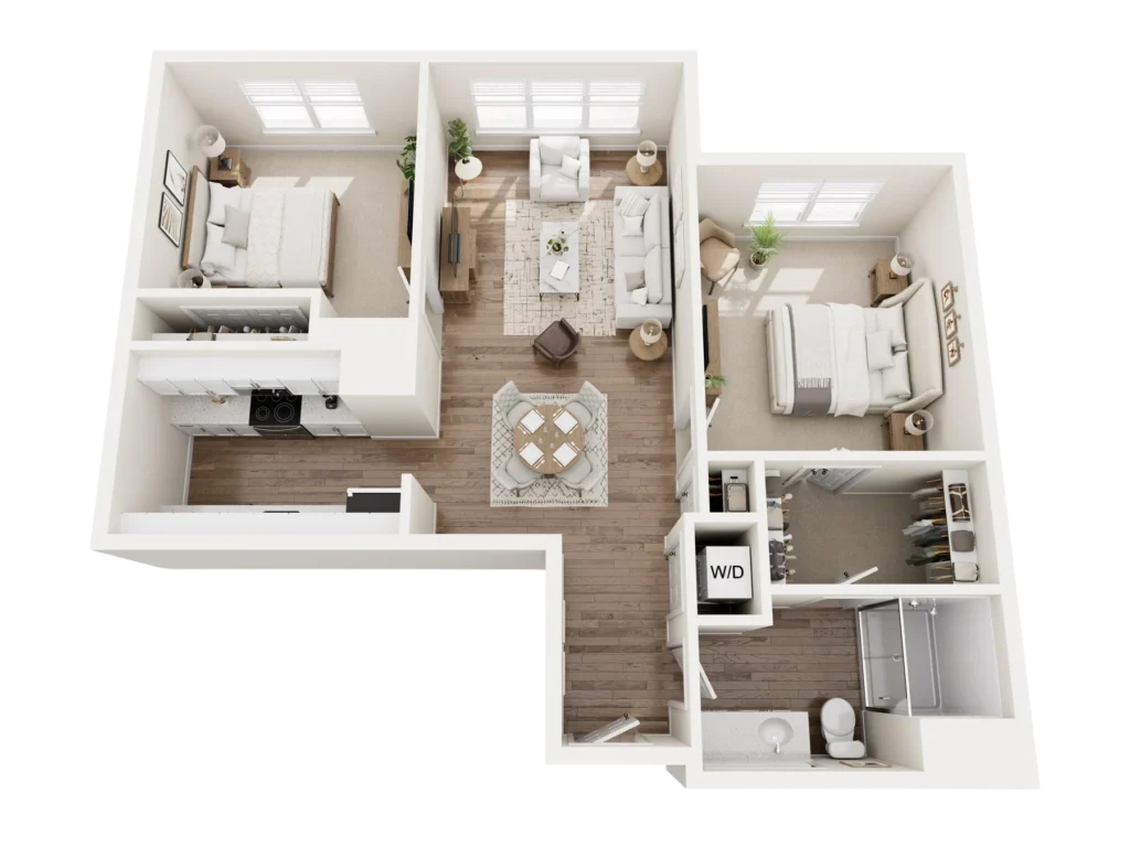 Sycamore floor plan: overhead 3D layout of a residence with bedrooms, a kitchen, a living area and baths