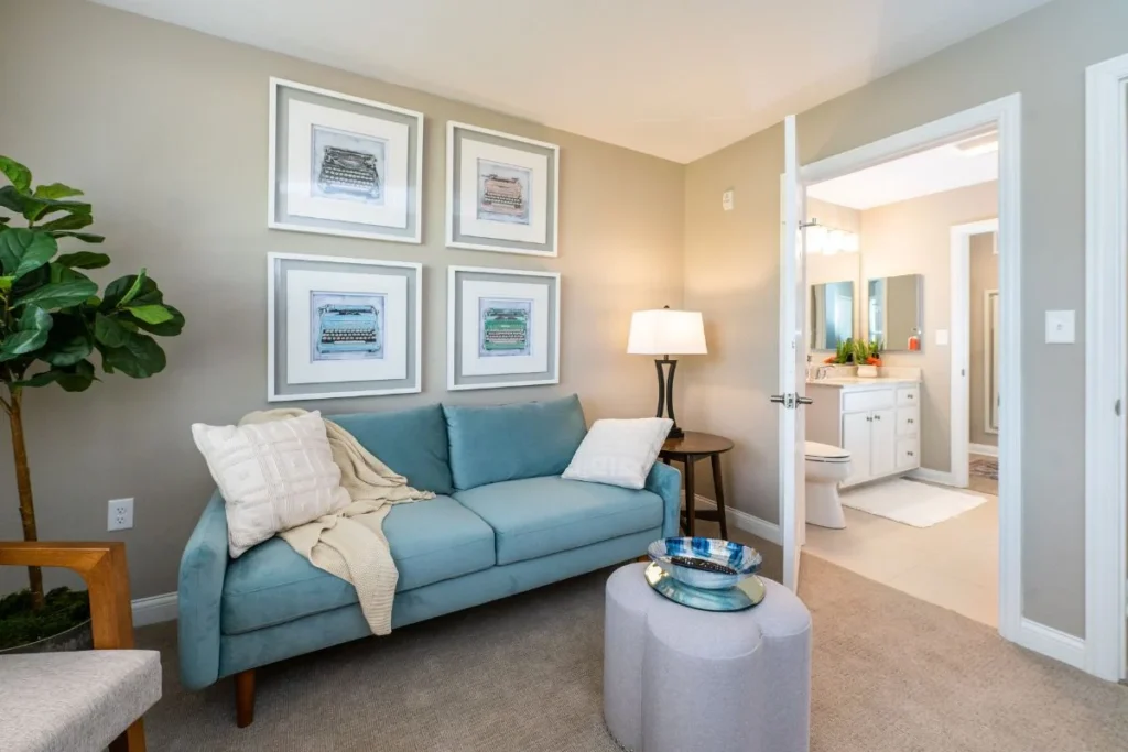 Furnished apartment living area with a teal sofa, framed art and a plant, with a bathroom doorway beyond
