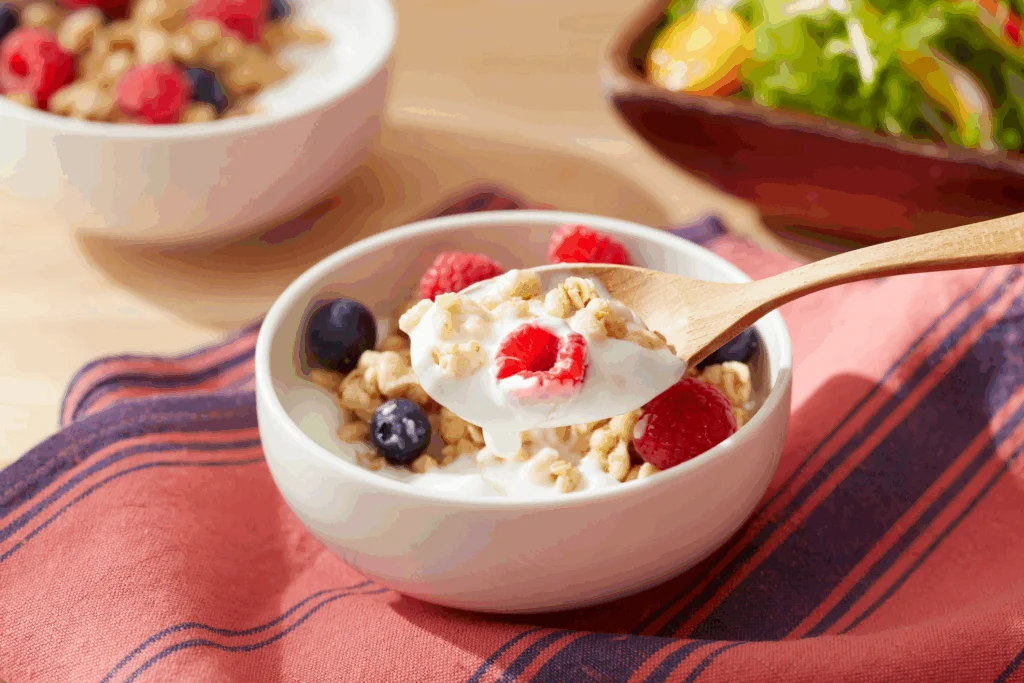 Bowl of yogurt topped with granola and fresh berries on a striped napkin, with a fruit and salad dish behind