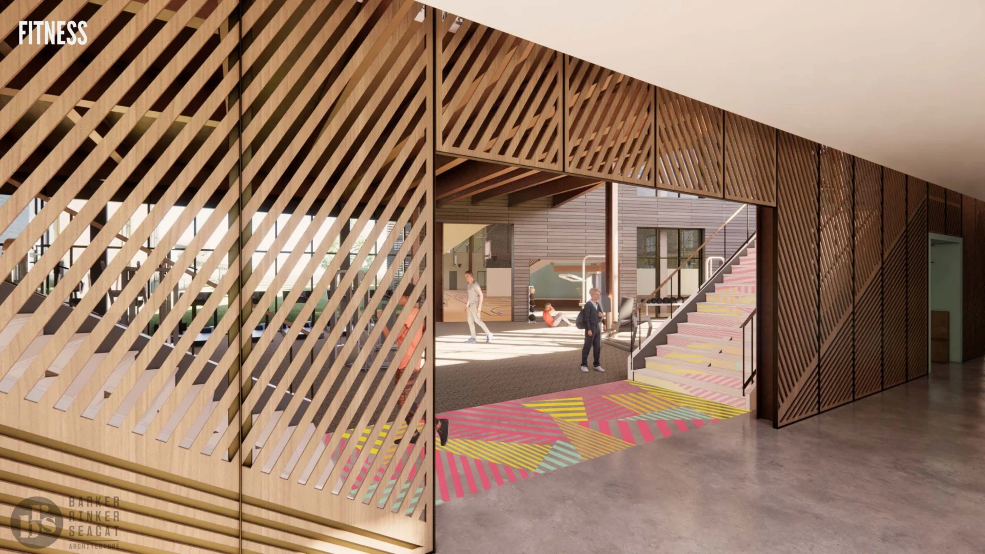 Wooden slat walls and a large open doorway reveal a bright indoor space with colorful geometric floor patterns, children playing, and a climbing structure—reflecting luxury amenities you’d expect in Hilliard Ohio. The word FITNESS appears in the upper left corner.
