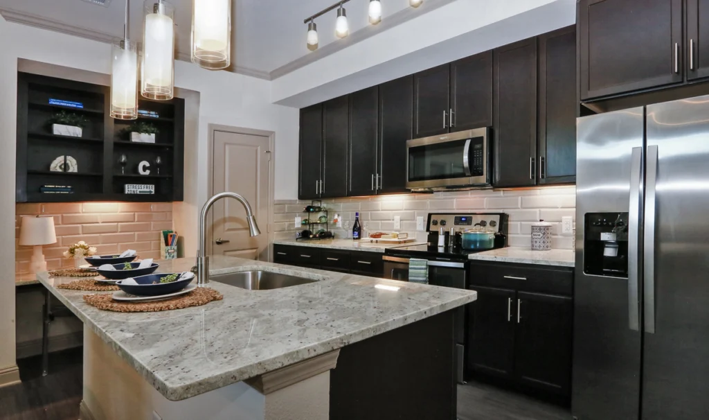 Modern apartment kitchen with dark cabinets, stainless steel appliances and a granite island