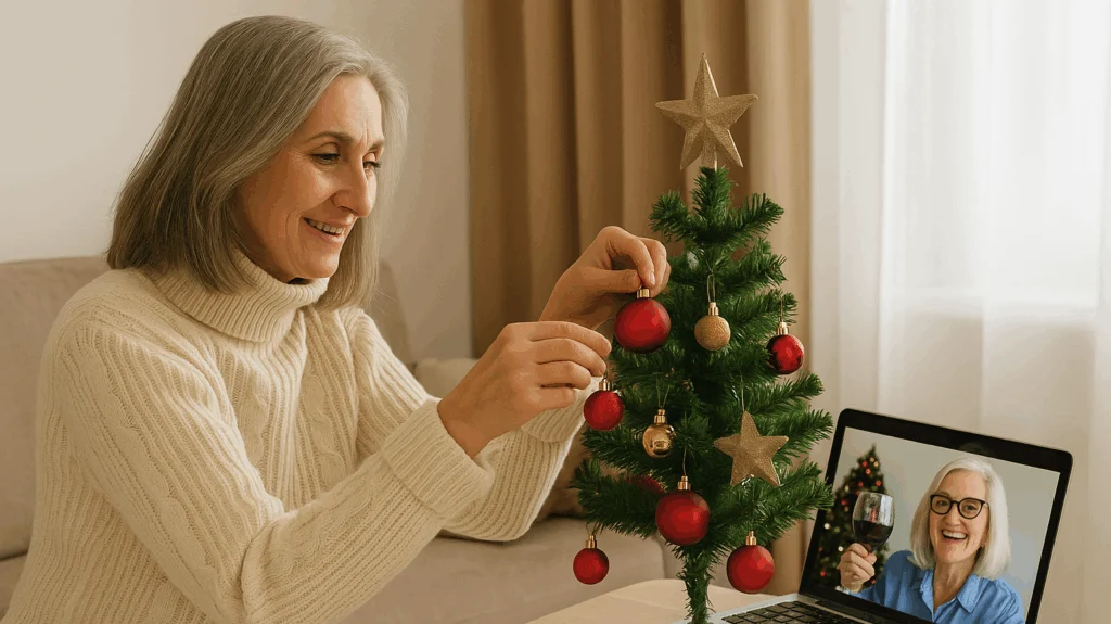 Senior woman decorating a small Christmas tree next to a framed family photo