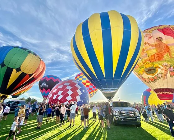 Colorful hot air balloons on a field as spectators gather