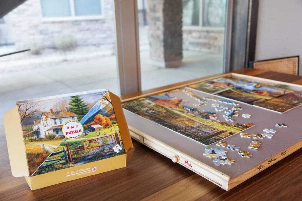 Jigsaw puzzles laid out on a table by a window