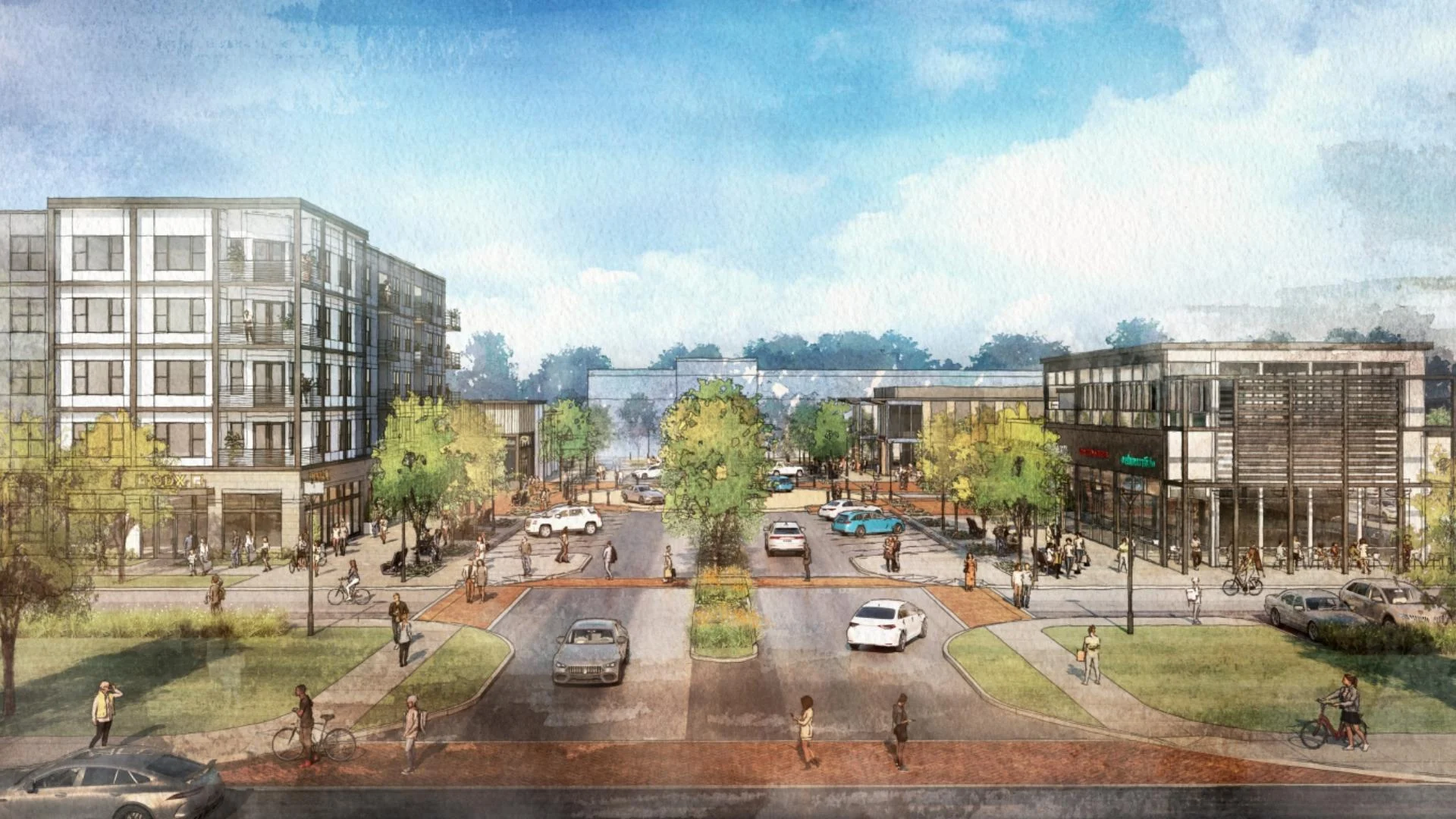 A digital rendering of a modern urban streetscape in Hilliard, Ohio, featuring mid-rise buildings, shops, trees, cars, cyclists, and pedestrians—highlighting spaces ideal for senior independent living under a blue sky with scattered clouds.